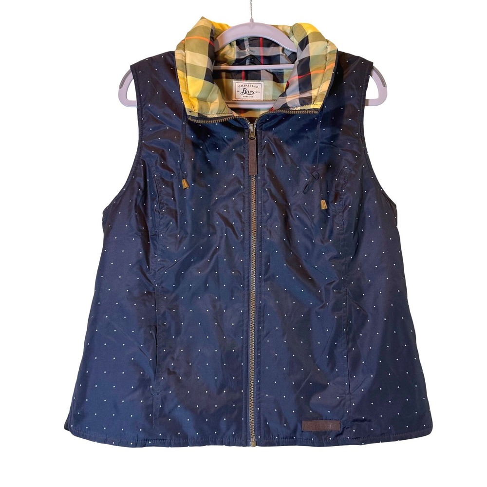 GH Bass Womens Navy Blue Polka Dot Puffer Vest Plaid Collar Size M Mock Neck Zip